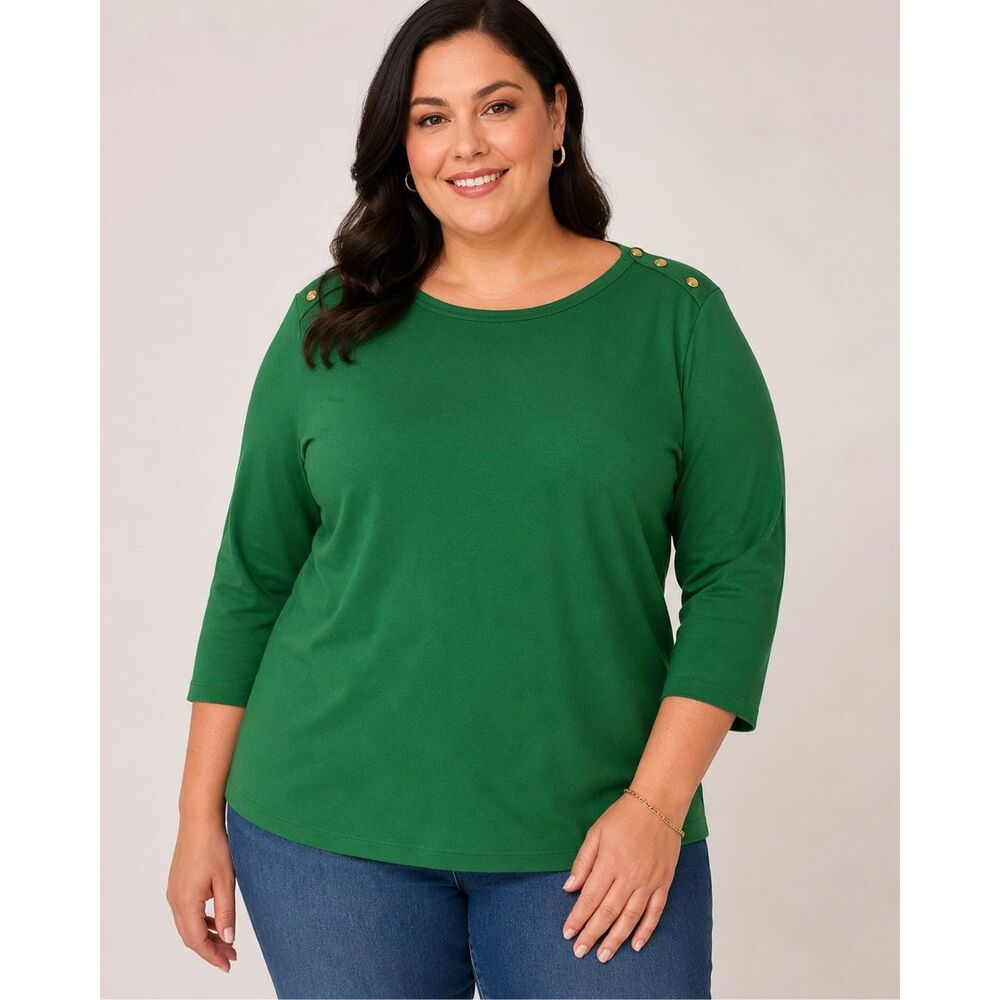 Lauren Ralph Lauren Green Boat neck 3/4 Sleeve 100% Cotton Top 3X #1000